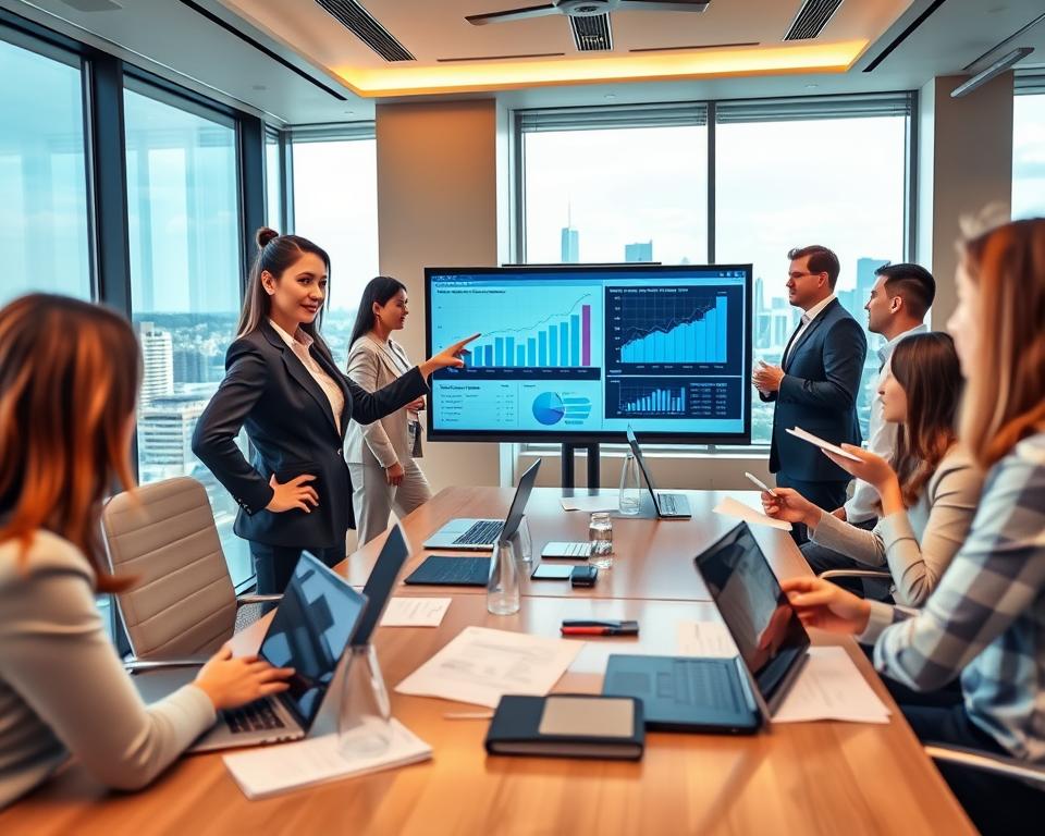 A sleek, modern office setting where a diverse group of professionals in business attire are analyzing real estate data on digital screens. In the foreground, a confident woman points to a large interactive display showing graphs and metrics related to property values, surrounded by colleagues who are engaged and taking notes. The middle ground features a stylish conference table with laptops and documents spread out, while the background reveals a panoramic city skyline through large windows, bathed in natural light. The atmosphere is dynamic and focused, with warm, inviting tones that convey a sense of innovation and productivity. The perspective is slightly elevated, captured with a wide-angle lens to emphasize the collaborative environment in real estate analytics.