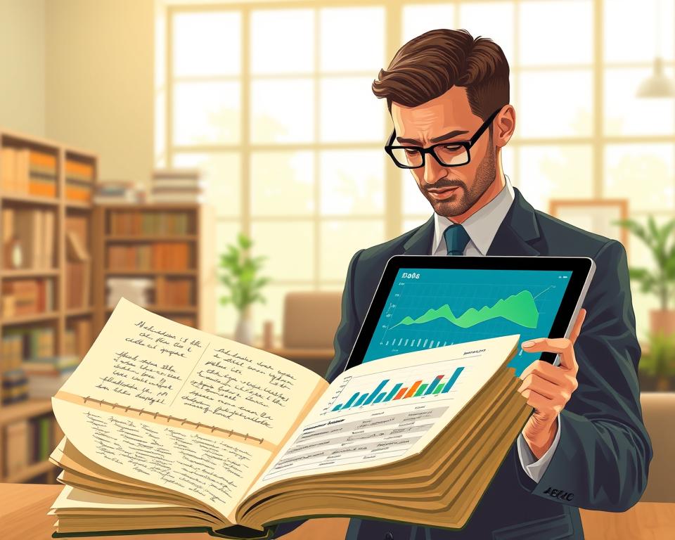 A split-scene illustration depicting the concept of a fixed interest rate. In the foreground, a professional-looking businessperson in formal attire is examining a large, vintage ledger filled with handwritten notes, symbolizing old financial practices. In the middle ground, a modern digital tablet displays bright, dynamic charts and graphs, representing the contemporary approach to fixed interest rates. The background features a soft-focus office environment with shelves of financial books and a large window letting in warm, natural light. The mood is contemplative yet optimistic, contrasting tradition with innovation, with a balanced color palette emphasizing shades of green and gold to evoke stability and prosperity.