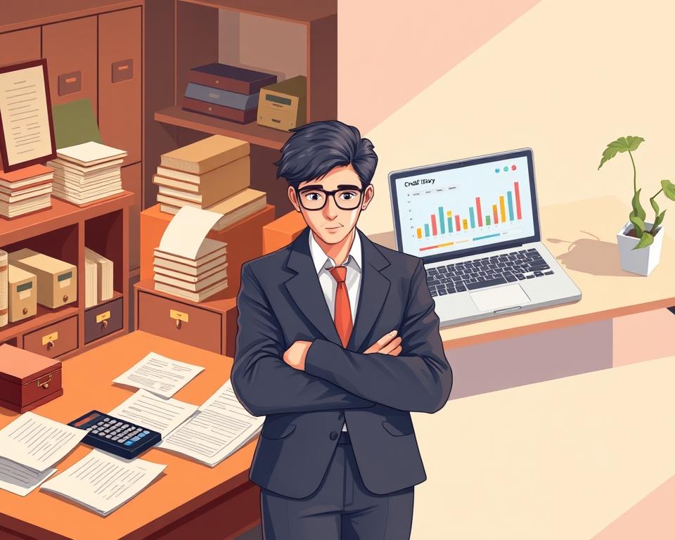 A split-scene illustration showcasing the concept of credit history, divided into two parts: on the left, a traditional approach, featuring an office desk with classic papers, vintage filing cabinets, and a calculator, all in warm, soft lighting; on the right, a modern approach, depicting a sleek digital workspace with a laptop displaying graphs and credit scores, illuminated by cool, bright light. In the foreground, a professional individual in business attire, confidently analyzing documents on the desk and engaging with the digital display. The background subtly transitions from an old-fashioned office to a contemporary workspace, encapsulating the evolution of credit history management. The overall atmosphere should feel informed and empowering, reflecting the journey of understanding credit.