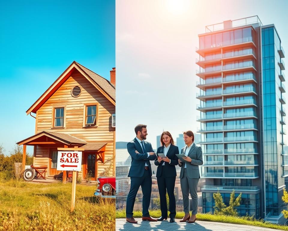 A split-view image illustrating the contrast between traditional and modern real estate concepts. In the foreground, on the left, a classic wooden house with an old "For Sale" sign, surrounded by overgrown grass and a vintage car, evokes nostalgia. On the right side, a sleek modern apartment building with large glass windows and a digital "For Rent" sign, showcasing a vibrant cityscape. In the middle ground, a diverse group of professionally dressed individuals, a real estate agent, a young couple, and a tech-savvy investor, discuss plans with digital tablets in hand. The background is a blurred city skyline under a bright blue sky. The lighting is warm and inviting, creating a sense of optimism and progress, emphasizing the theme of transitioning from the old to the new.