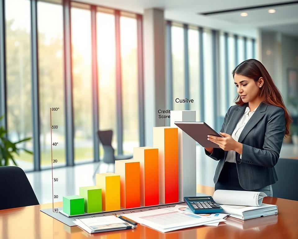 A vibrant and modern illustration of a credit score concept, featuring a 3D graph displaying various credit score ranges in green, yellow, and red colors, emphasizing improvement areas. In the foreground, two professional figures in business attire, a diverse male and female, analyze the graph with focused expressions while holding a digital tablet. The middle ground includes financial documents and a calculator, symbolizing analysis and strategy. The background shows a sleek office environment with large windows letting in soft, natural light. The overall mood conveys a sense of professionalism, motivation, and optimism about personal finance management. The image should be clear and visually engaging, with a balanced composition and a slightly elevated angle to enhance depth.