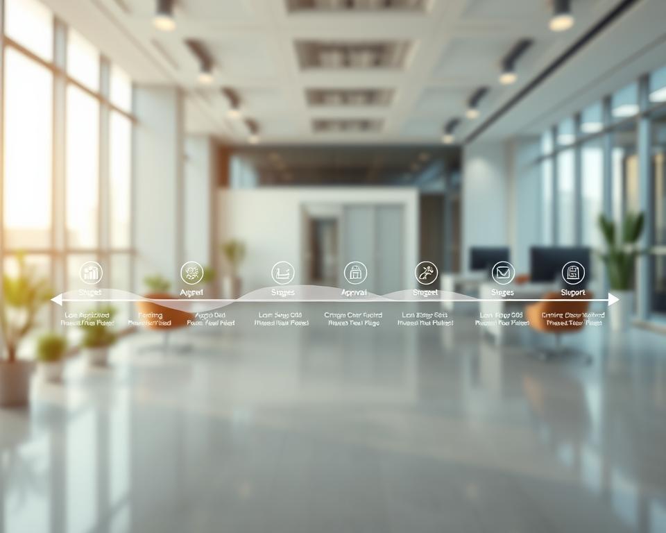 A visually engaging funds timeline, demonstrating the flow of financial transactions over time. In the foreground, depict a sleek and modern digital dashboard displaying various funding stages with icons representing loan applications, approvals, disbursements, and monitoring. In the middle, illustrate a series of smooth arrows connecting each stage, with subtle gradients to represent time passing. The background should showcase a tranquil office environment with soft lighting and large windows, creating a sense of professionalism and clarity. Use a wide-angle lens to capture the entire scene, emphasizing the interconnectedness of financial processes. The mood should be optimistic and focused, conveying speed and certainty in achieving financial goals. No text or labels present, just a clean visualization of the funding timeline.