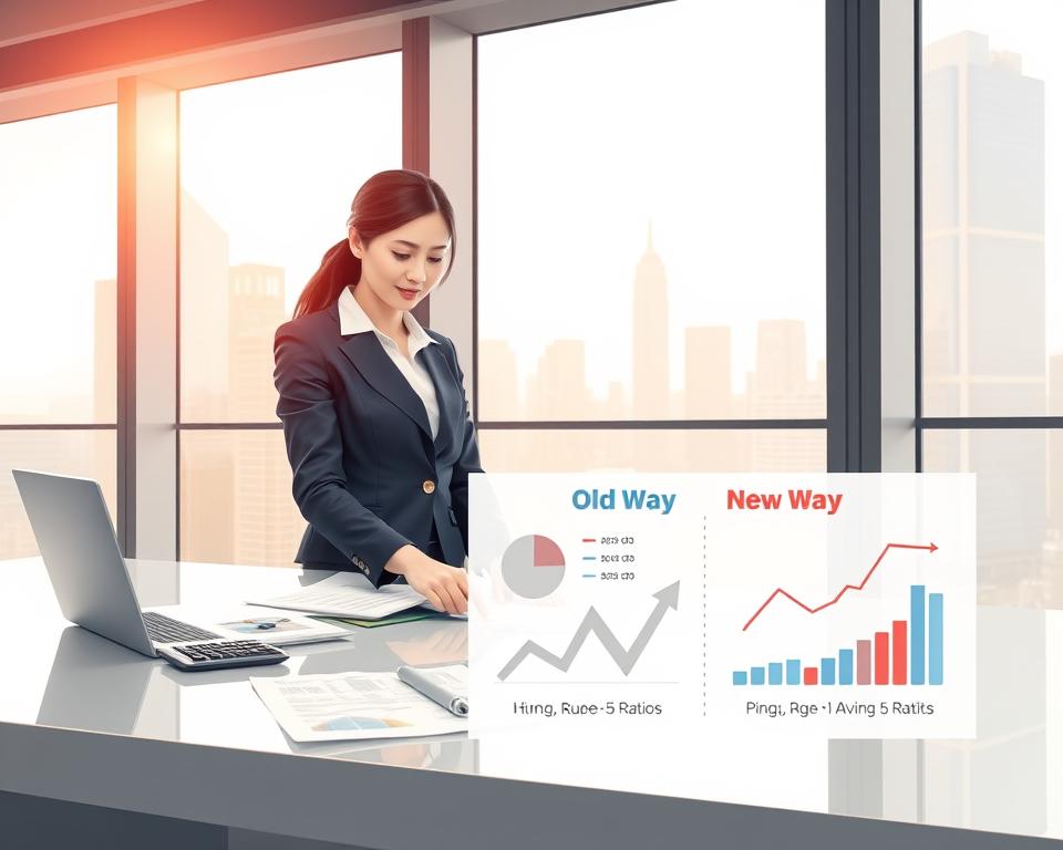 A visually engaging illustration depicting the concept of "debt-to-assets ratio." In the foreground, a professional businesswoman, dressed in formal attire, is analyzing financial documents and charts on a sleek, modern desk. In the middle ground, an infographic showing a stark "Old Way vs New Way" comparison of debt-to-assets ratios, with clear visual contrasts between traditional methods (like a calculator and paper) and modern approaches (with digital graphs and financial software). The background features a city skyline through large windows, symbolizing growth and opportunity. The scene is well-lit with a soft, natural light coming through the windows, creating a warm, optimistic atmosphere. The angle showcases the interaction between the woman and the financial data, emphasizing the importance of understanding financial ratios.