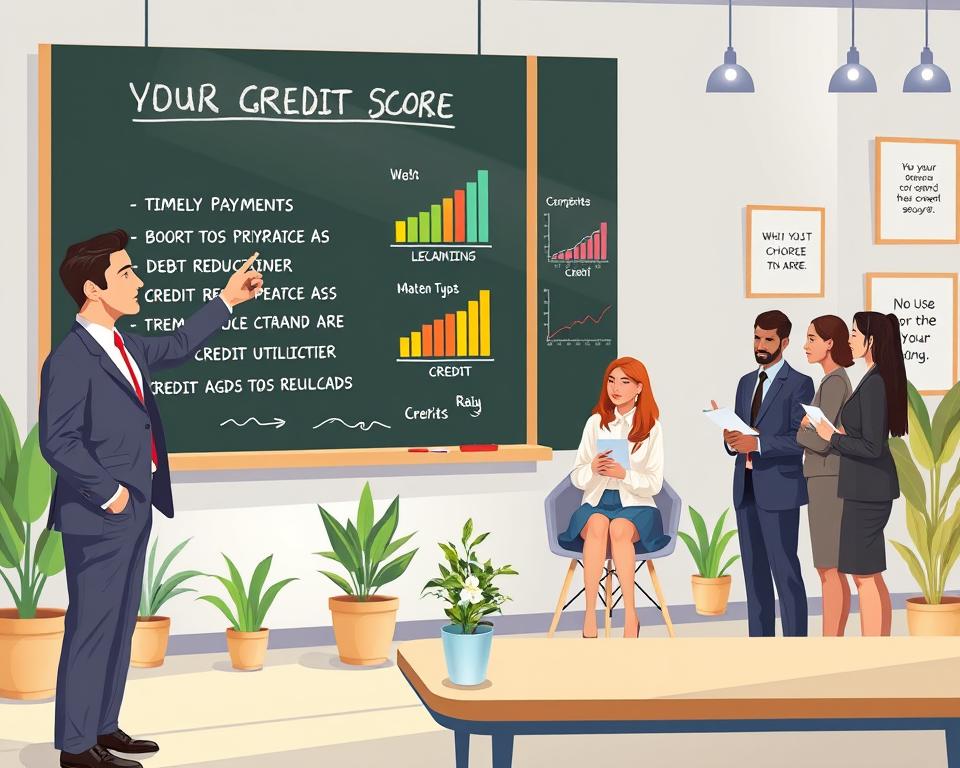A visually engaging illustration showcasing various strategies for improving credit scores. In the foreground, a well-dressed businessperson, symbolizing a financial advisor, points to a chalkboard filled with bullet points and colorful graphs representing key strategies such as timely payments, debt reduction, and credit utilization. In the middle ground, diverse individuals—professionals in business attire—discuss and take notes on these strategies, showcasing collaboration and education. The background features a modern office environment with potted plants and motivational quotes subtly framed on the walls, creating a positive and inspiring atmosphere. Soft, natural lighting enhances the clarity of the scene, evoking a sense of hope and progress towards financial success. The overall mood is encouraging and informative, perfect for illustrating proactive steps in credit score enhancement.