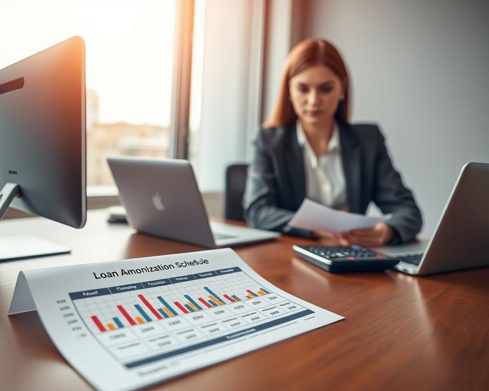 A visually engaging representation of loan amortization, featuring a sleek and modern office setting. In the foreground, a detailed and colorful amortization schedule displayed prominently on a wooden desk, showcasing graphs and percentages. In the middle ground, a professional businesswoman in a tailored suit thoughtfully reviewing the schedule, with a calculator and a laptop beside her. The background includes a large window with soft, natural light filtering in, casting a warm glow that creates a productive and focused atmosphere. The overall mood is one of clarity and organization, ideal for understanding complex financial concepts like mortgages and auto loans. The angle is slightly elevated, capturing both the desk and the professional's expression of concentration.