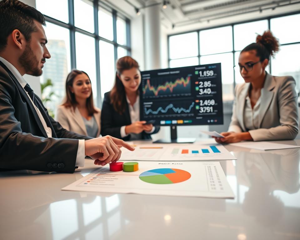 A visually engaging scene illustrating the concept of "debt ratio." In the foreground, a diverse group of three professionals in business attire are examining financial charts on a sleek, modern table. One person points at a colorful pie chart displaying a balanced debt ratio, while the others take notes. In the middle ground, a digital screen shows animated graphs and numbers fluctuating dynamically, symbolizing the movement of debt and assets. In the background, a bright office environment with large windows lets in natural light, casting soft shadows and creating a productive atmosphere. The lens captures the scene from a slight angle to emphasize teamwork and collaboration, evoking a mood of determination and clarity as they analyze financial data to secure their future.