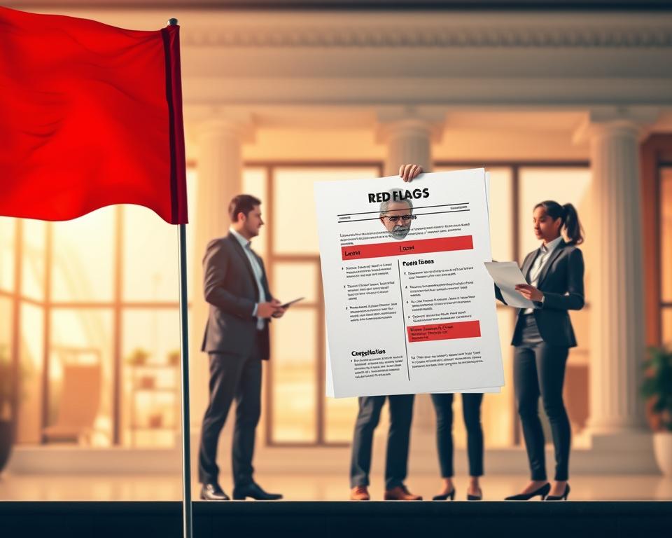 A visually striking illustration depicting the concept of "loans red flags" for a financial theme. In the foreground, a large red flag stands out prominently, symbolizing caution, with a subtle texture to suggest urgency. To the side, a diverse group of three professionals, dressed in smart business attire, are engaged in discussion, analyzing paperwork with expressions of concern. The middle layer features an abstract representation of a loan document with highlighted areas indicating red flags, such as low credit scores and high debt-to-income ratios. In the background, a softly blurred bank or office environment creates a professional atmosphere, illuminated by warm, natural light filtering through large windows. The overall mood evokes seriousness and caution, emphasizing the importance of vigilance in loan applications.