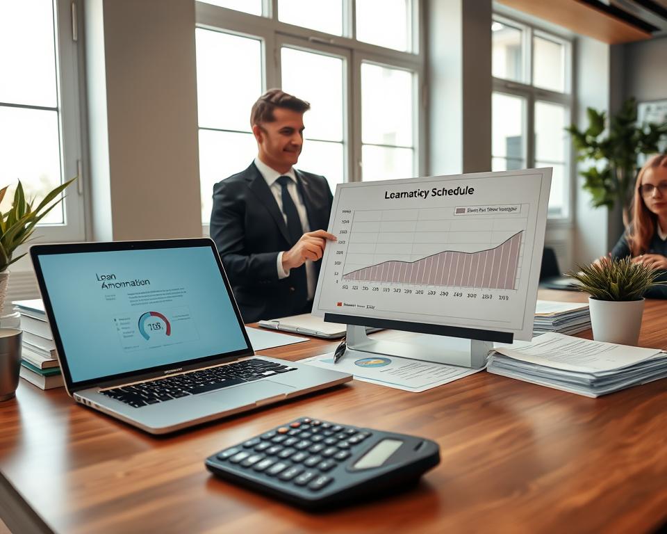 A well-organized office setting with a stylish wooden desk in the foreground, featuring an open laptop displaying an amortization schedule and a calculator. To the side, a neatly arranged stack of documents and a potted plant add a touch of greenery. In the middle ground, an attentive financial advisor in professional business attire examines a detailed graph showing loan repayments, while a client, dressed in smart casual clothing, looks on with a thoughtful expression. In the background, large windows let in soft, natural light, creating a warm atmosphere. The overall mood is one of professionalism and focus, encouraging viewers to consider the complexities of loan amortization. The angle should be from slightly above the desk, capturing the interaction and the materials laid out elegantly without any distractions.