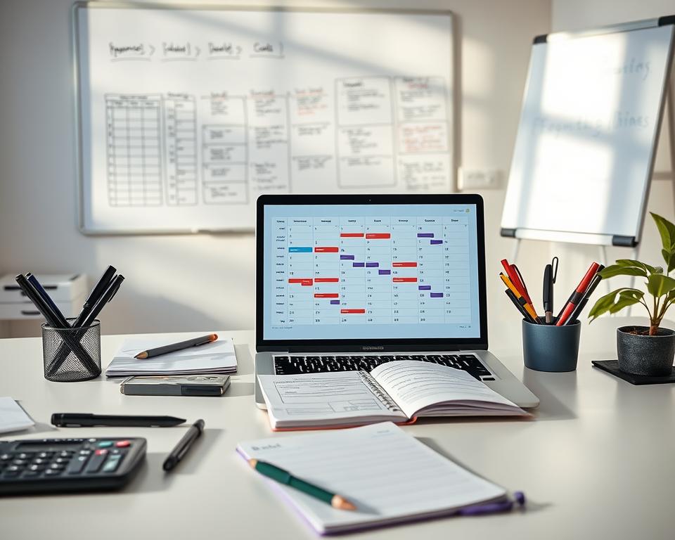 A well-organized workspace featuring a clean desk with a sleek laptop displaying a colorful payment schedule diagram. In the foreground, there are neatly arranged business stationery items like pens, a calculator, and a notepad filled with financial notes. The middle ground shows a large calendar with highlighted payment dates and reminders. In the background, a whiteboard covered with flowcharts and planning notes hints at the workflow process. Soft, natural lighting streams in from a nearby window, casting gentle shadows and creating a productive atmosphere. The scene conveys a sense of focus and motivation, ideal for mastering finances.