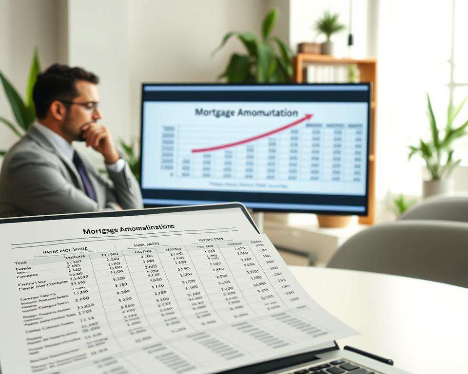An elegant and informative depiction of a mortgage amortization schedule. In the foreground, a detailed financial spreadsheet open on a modern laptop, with visible rows of numbers detailing payment amounts, interest, and principal over time. To the side, a professional-looking person in business attire, pensively analyzing the data. In the middle ground, a stylized, half-completed amortization chart displayed on a large screen, showcasing the contrast between the traditional method of pen and paper against the sleek digital interface of the laptop. The background features a softly lit, modern office environment with plants and bookshelves, creating a focused yet inviting atmosphere. Soft natural lighting emphasizes the clarity of the financial details, evoking a sense of confidence and control in financial planning.