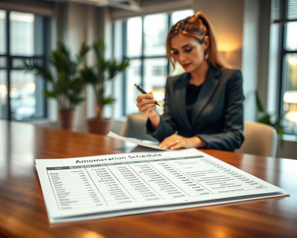 An intricately detailed amortization schedule displayed on a sleek, modern desk. In the foreground, the schedule is presented on a polished wooden table, with clear, well-organized columns displaying payment amounts, interest calculations, and principal reductions. In the middle, a professional businesswoman in smart attire is examining the schedule, using a pen to highlight key figures, her expression focused and contemplative. The background features a softly blurred office environment with warm lighting, large windows allowing natural light to filter in, and a few plants adding a touch of greenery. The atmosphere conveys a sense of professionalism and productivity, ideal for illustrating the closing process of financial planning.